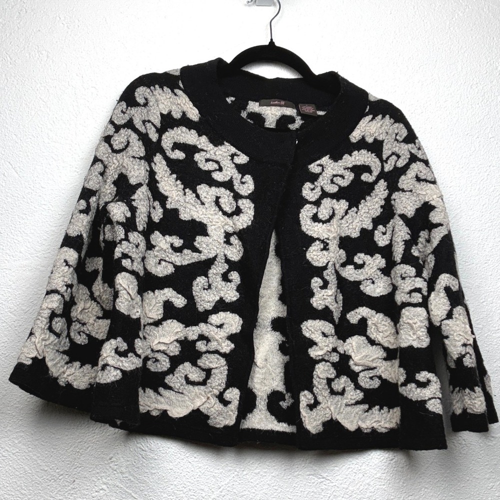 Heather B Black White Cardigan - L - Wool Blend Damask Scroll Boho Cozy Eclectic